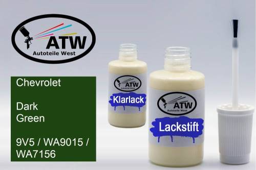 Chevrolet, Dark Green, 9V5 / WA9015 / WA7156: 20ml Lackstift + 20ml Klarlack - Set, von ATW Autoteile West.